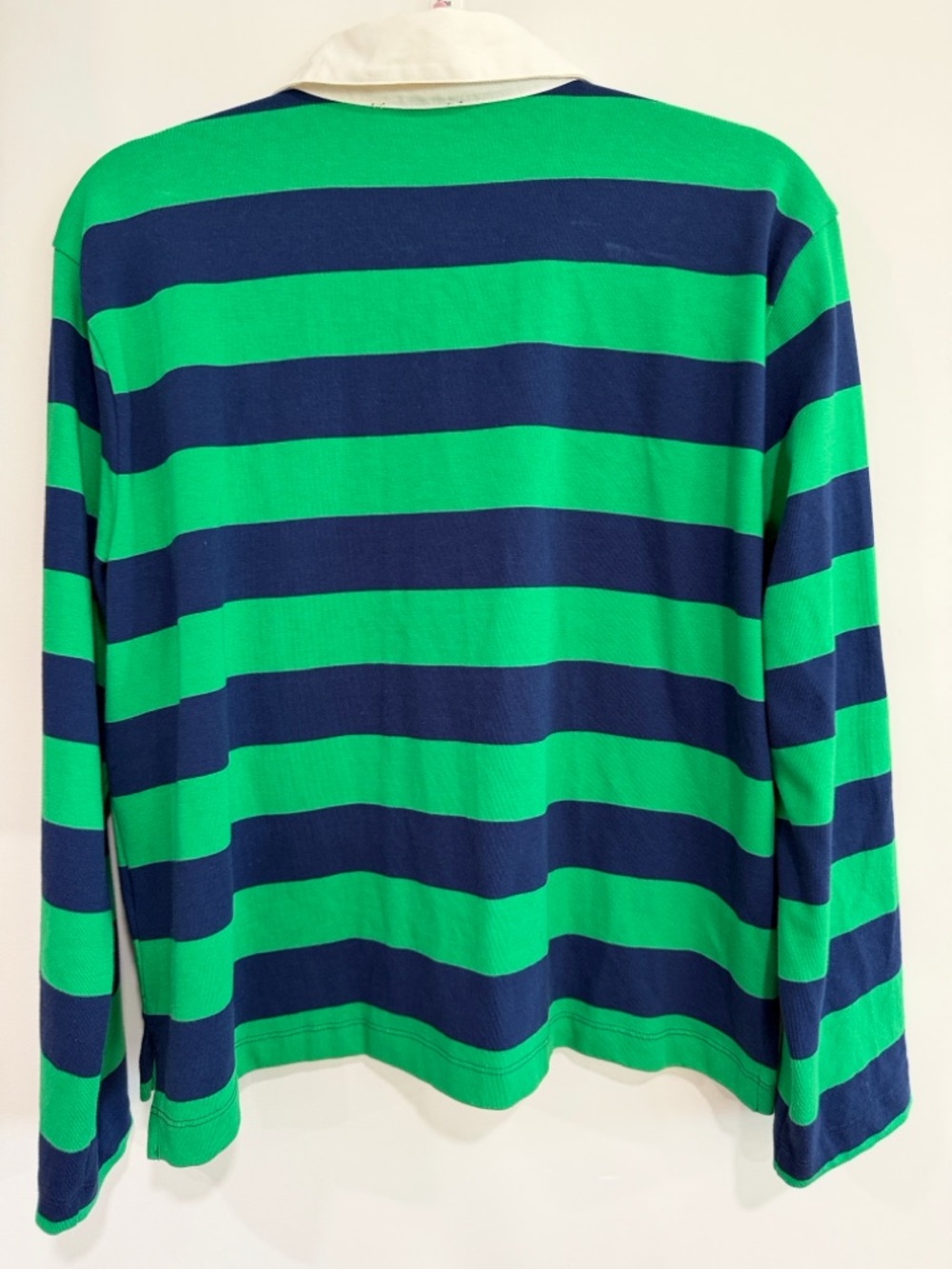 J. Crew Green and Navy Striped Long Sleeve Rugby Shirt with White Collar - Picture 3 of 3